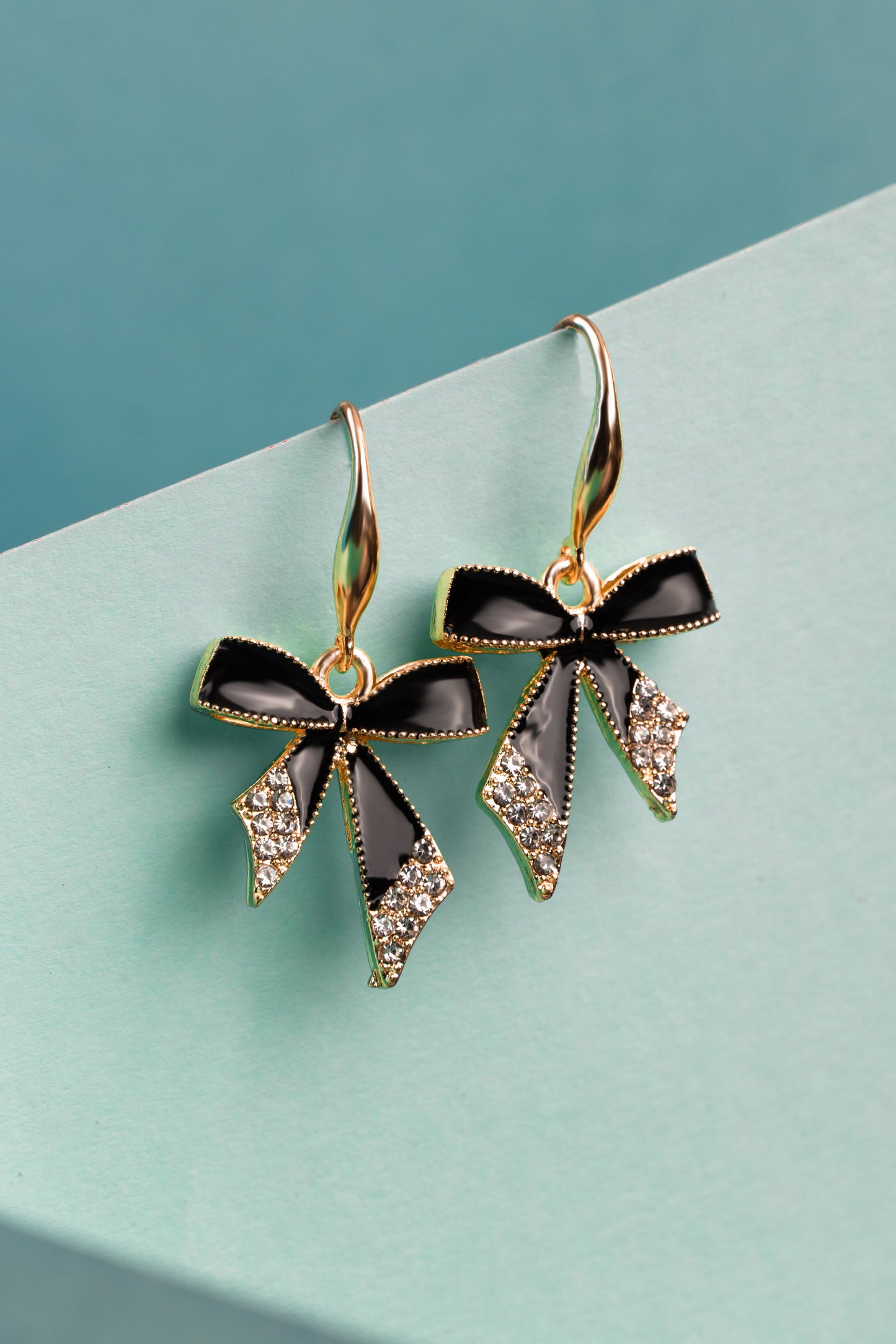 Elegant Black Bow & Crystal Drop Earrings