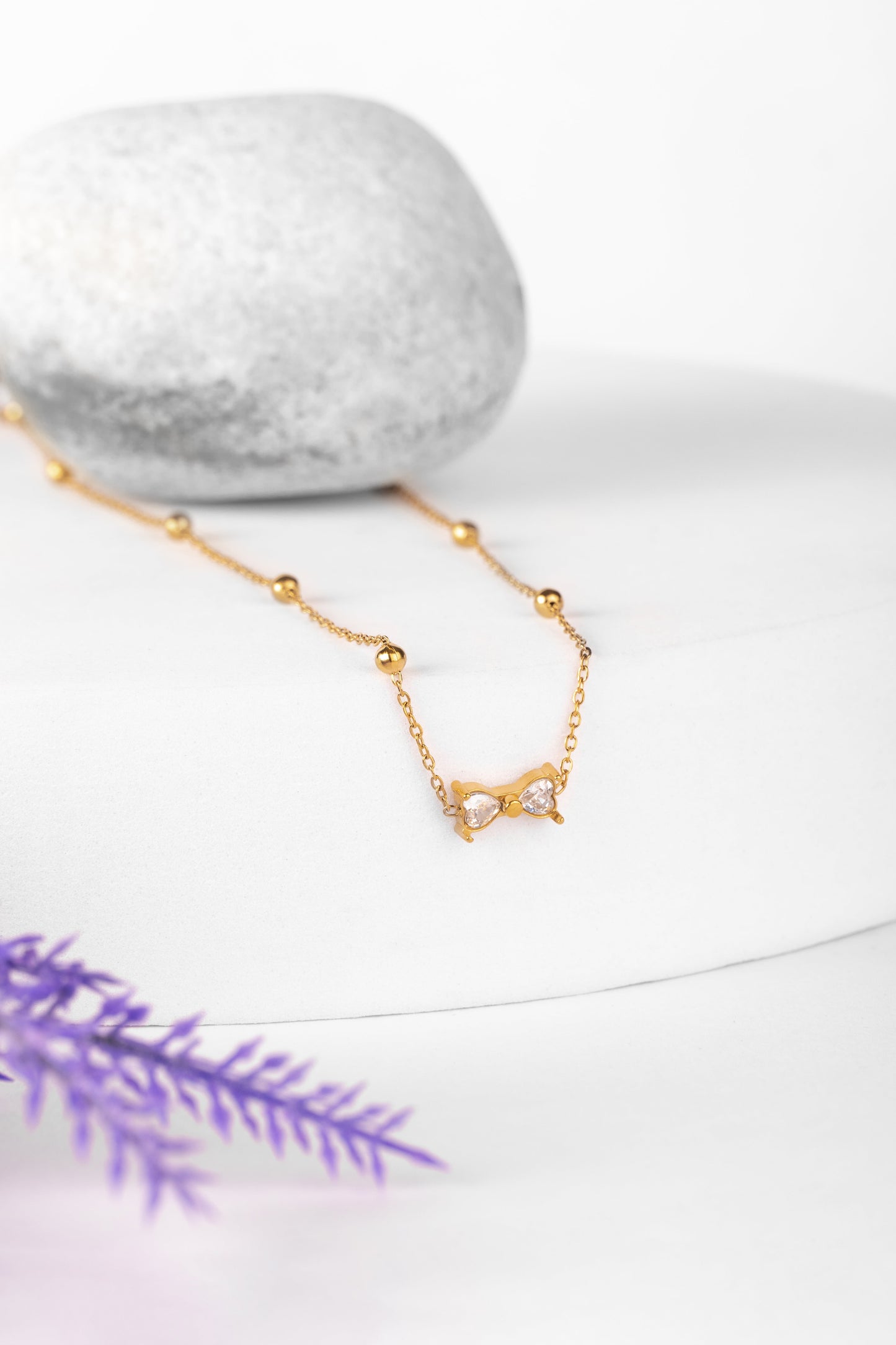 Dainty Heart-Crystal Bow Necklace