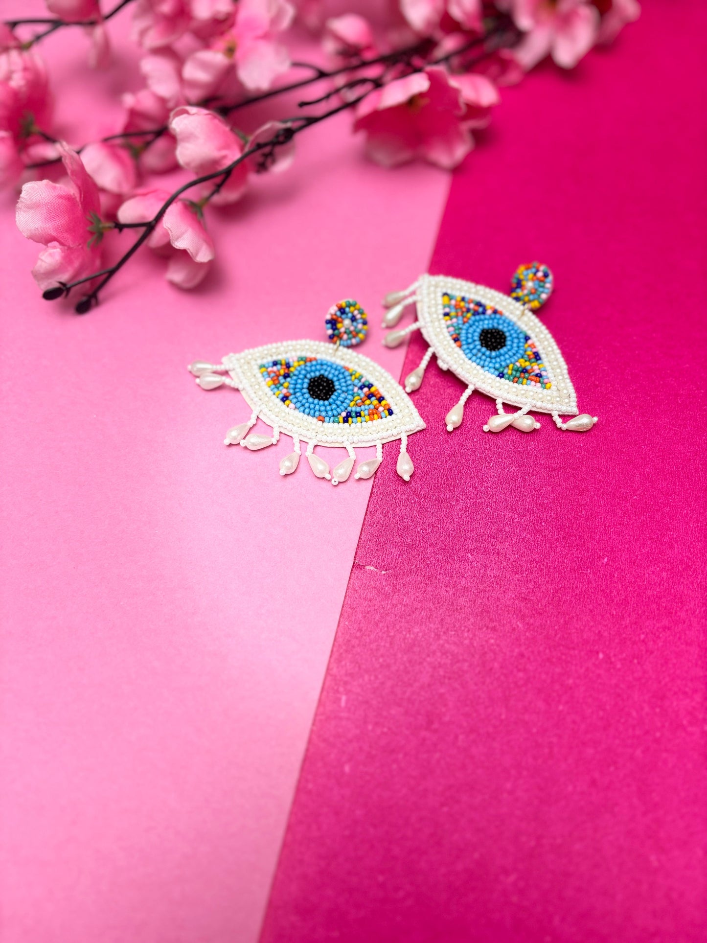 Beaded Nazar Earrings with Pearl Dangles