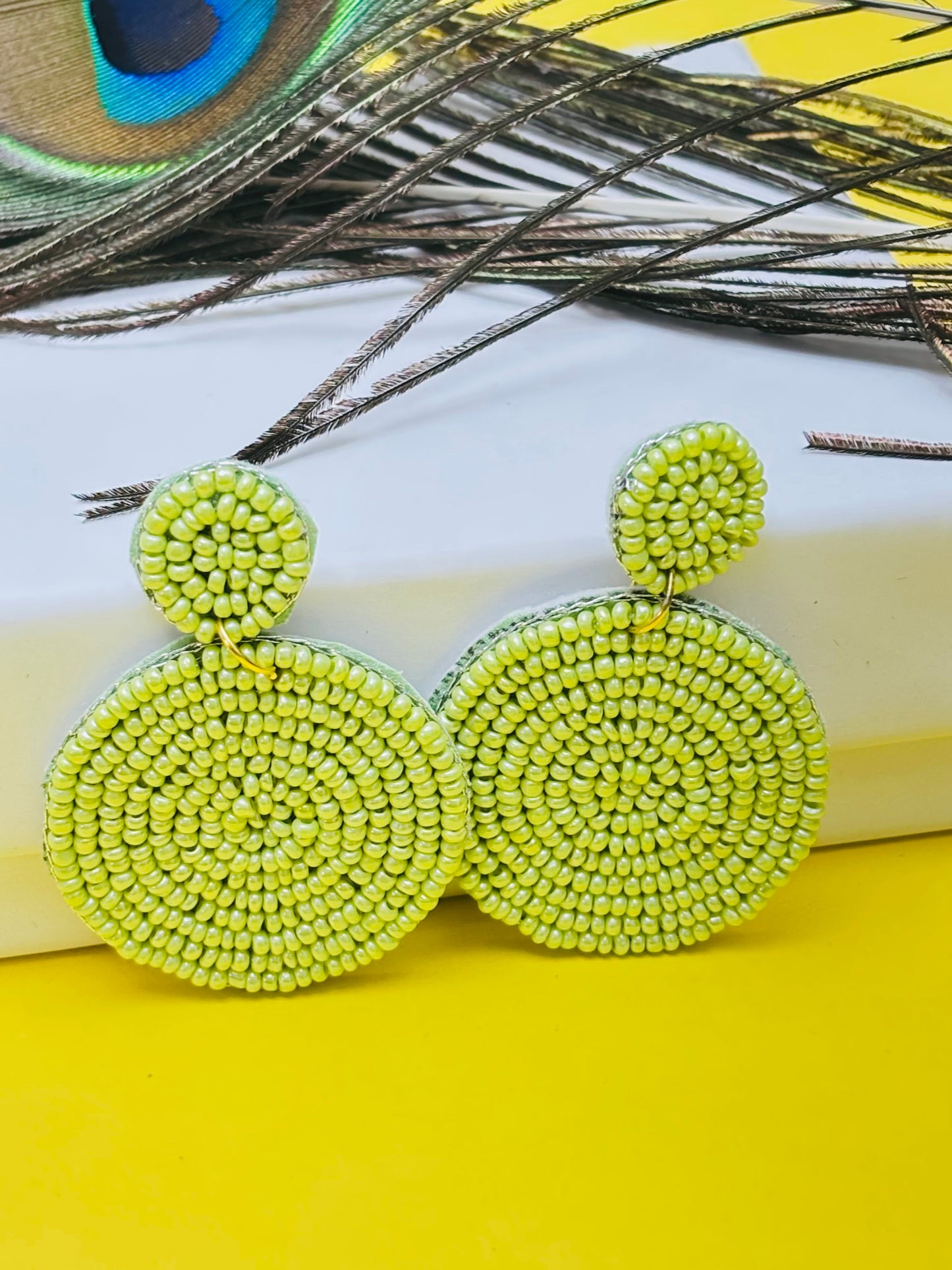 Pistachio Green Beaded Disc Dangle Earrings