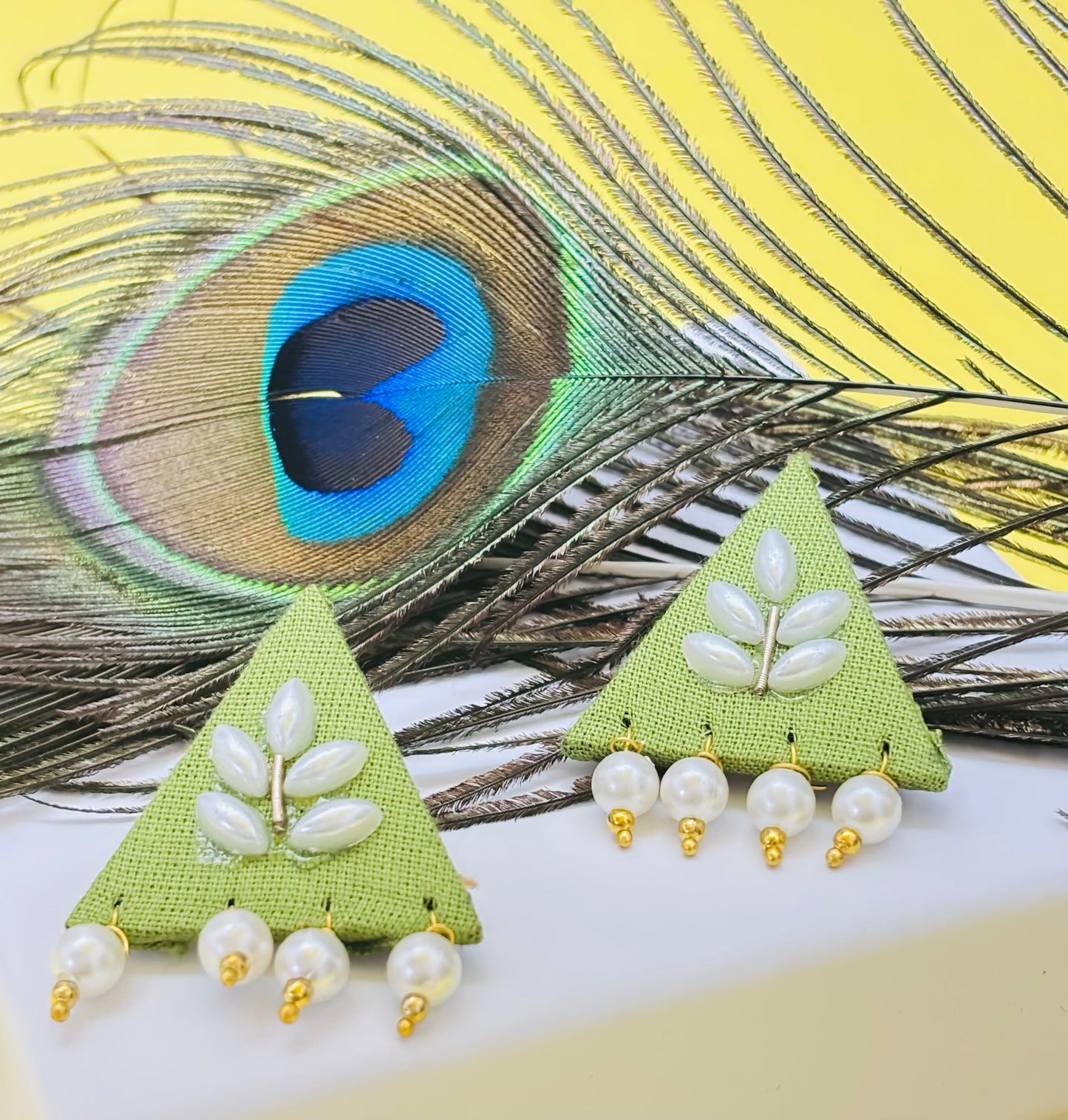 Triangle Earrings with Floral Motif & Pearl Drops