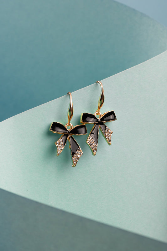 Elegant Black Bow & Crystal Drop Earrings