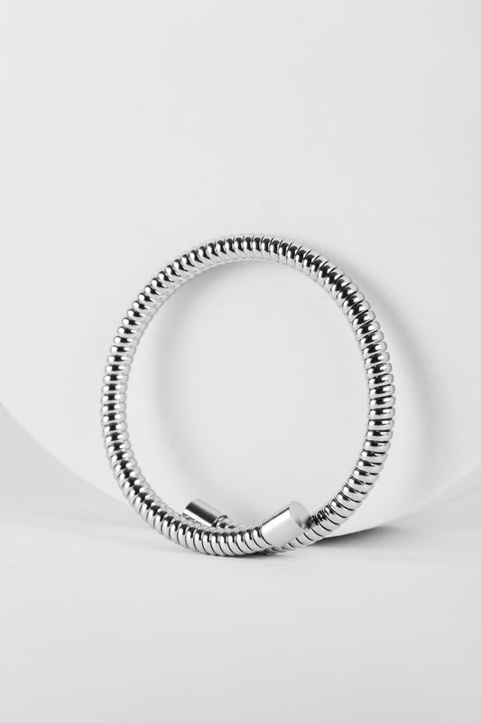 Sleek Silver Ribbed Coil Magnetic Bangle