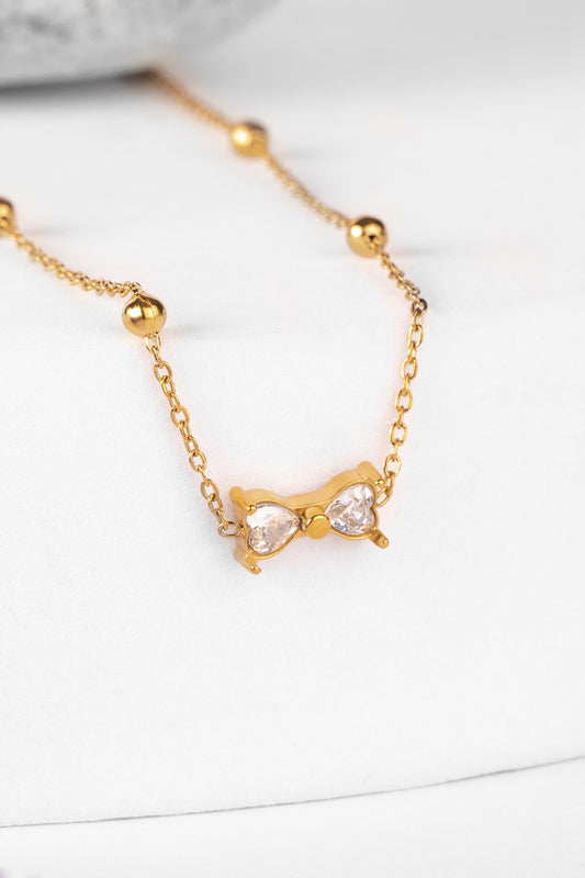 Dainty Heart-Crystal Bow Necklace