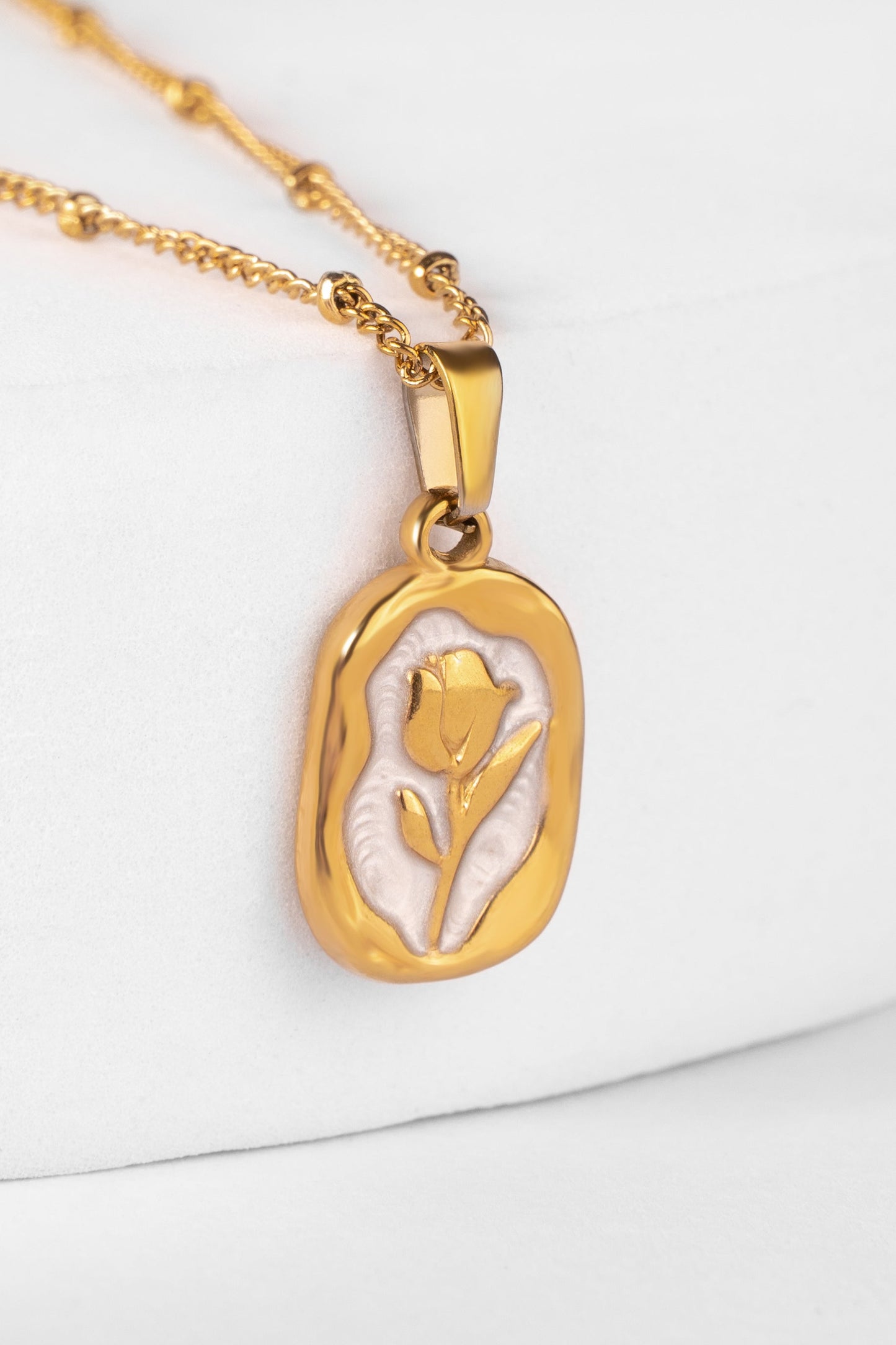 "Ivory Tulip" Enamel Pendant Necklace