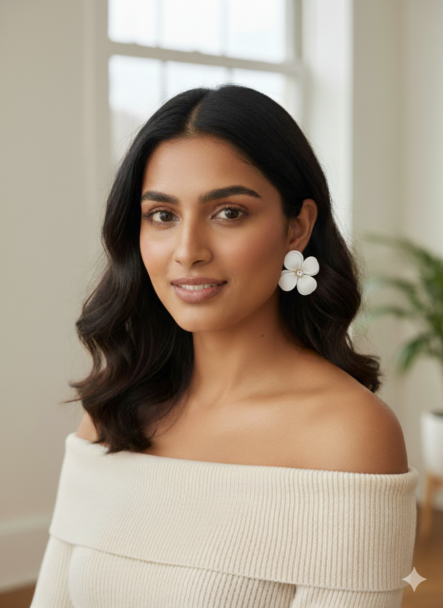 Blossom Radiance Earrings – White Floral Design with Sparkling Accents