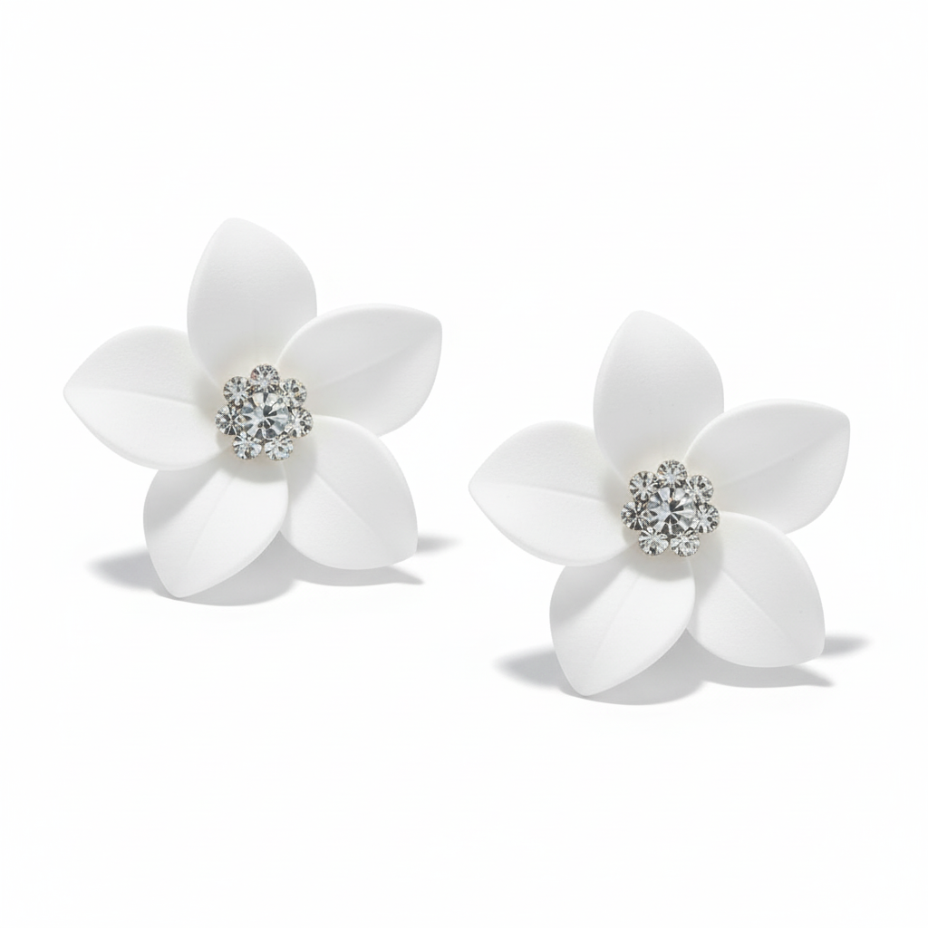 Blossom Radiance Earrings – White Floral Design with Sparkling Accents