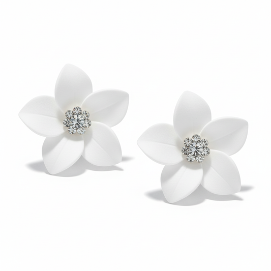 Blossom Radiance Earrings – White Floral Design with Sparkling Accents