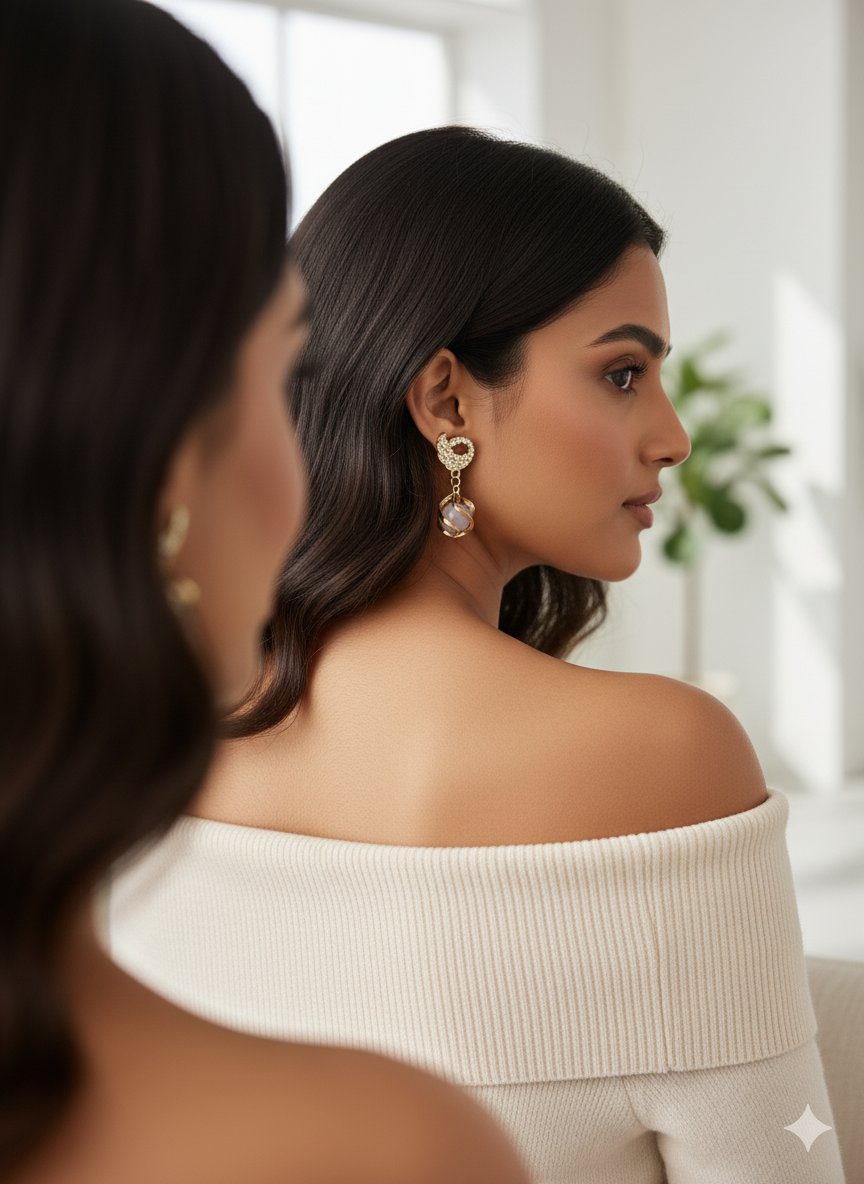 Woman wearing gold earrings with a blurred background