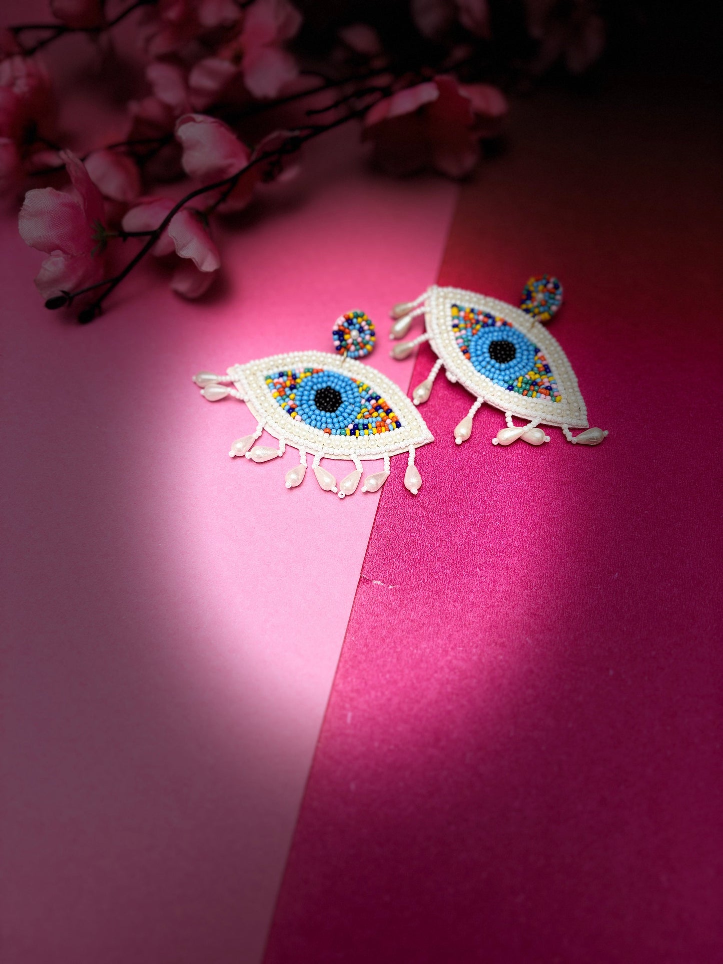 Beaded Nazar Earrings with Pearl Dangles