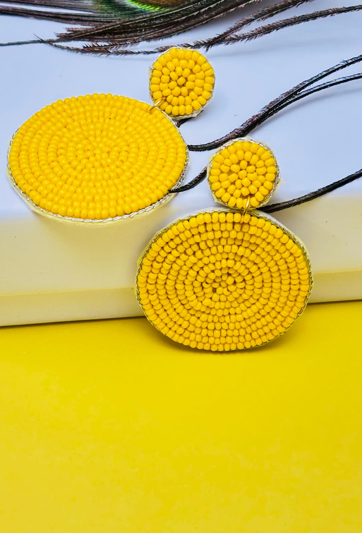 Modern Yellow Beaded Disc Dangle Earrings