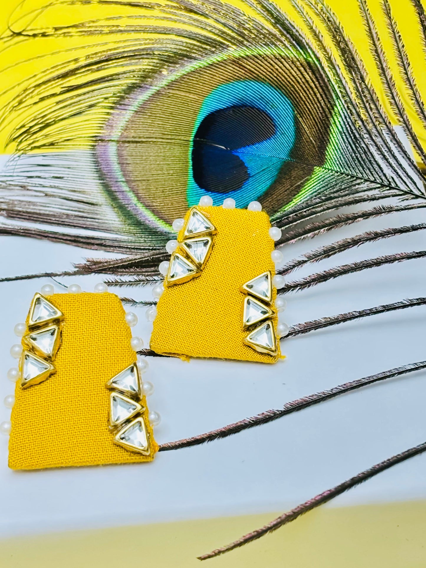 Mustard Yellow Fabric Studs with Kundan & Pearl Trim