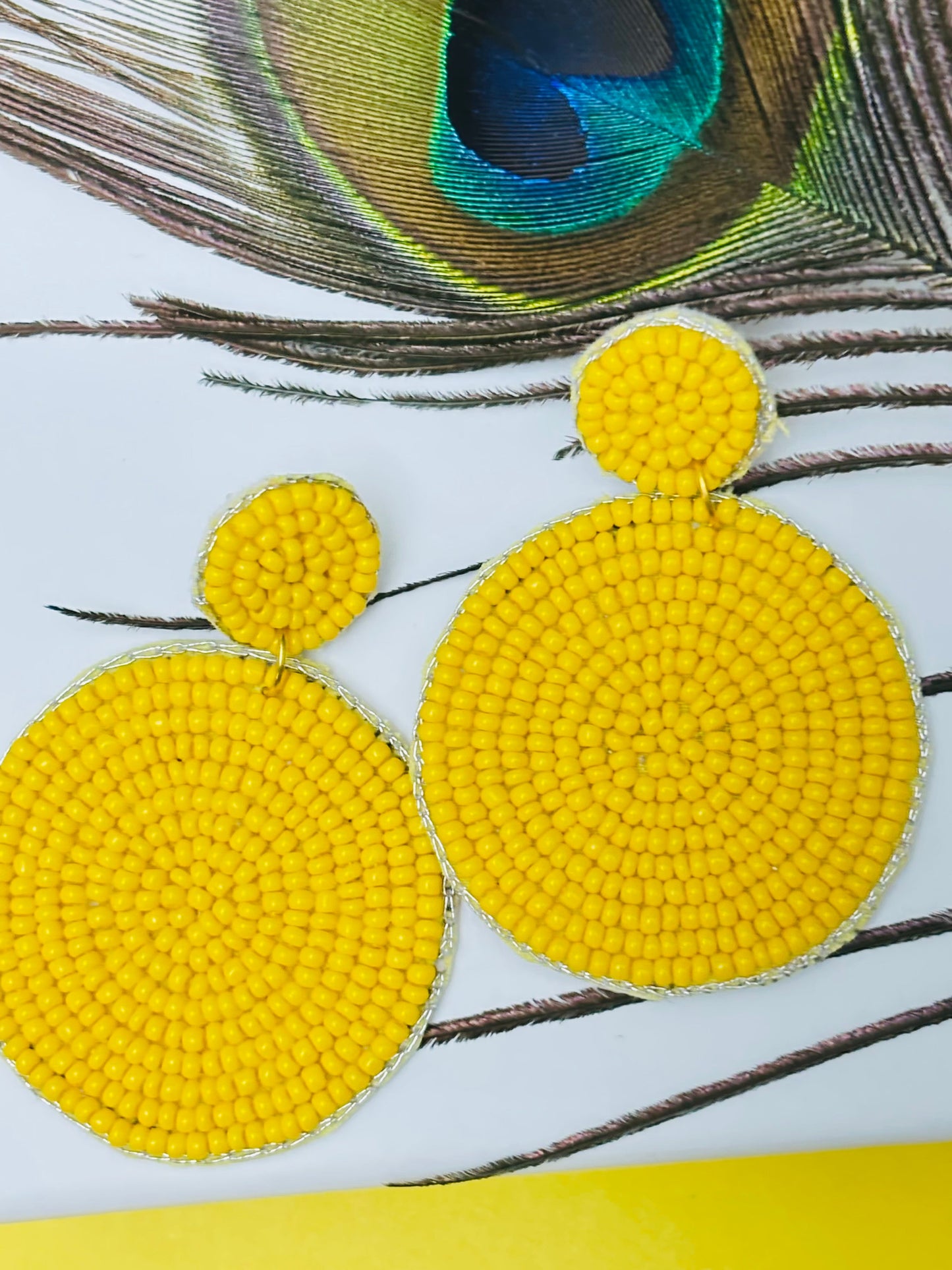 Modern Yellow Beaded Disc Dangle Earrings