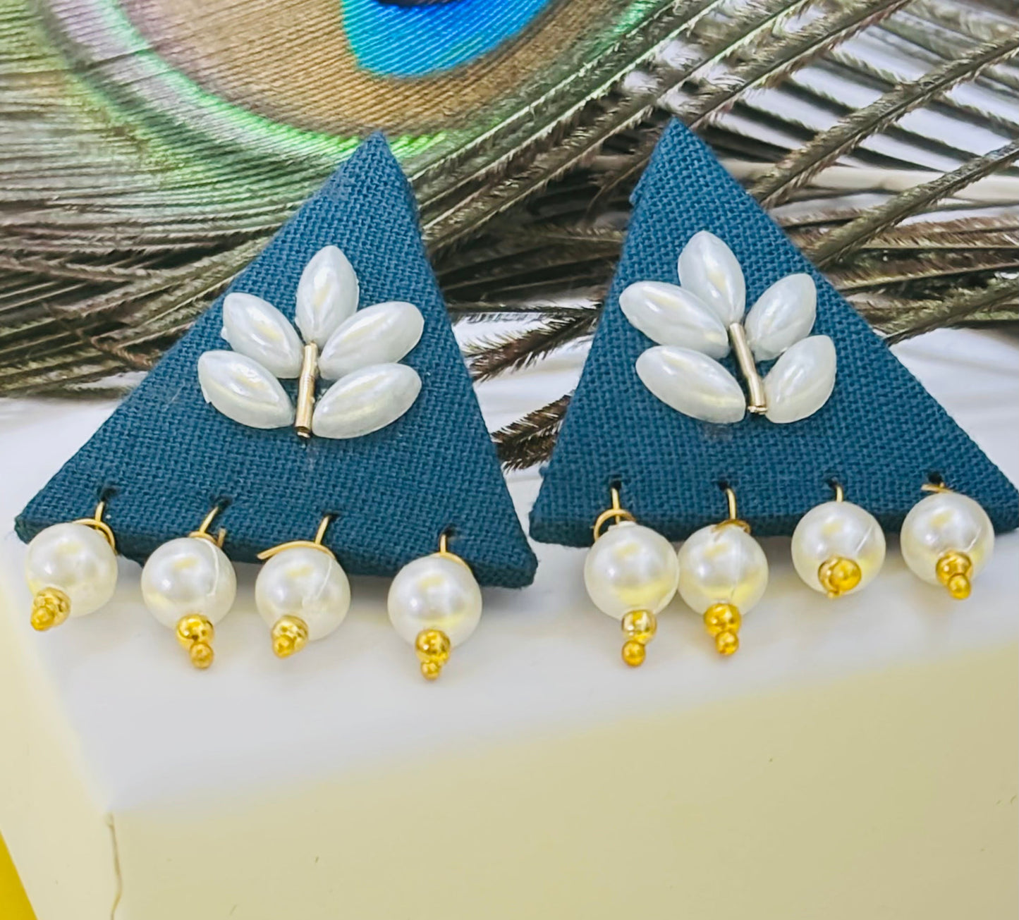 Peacock Blue Fabric & Pearl Earrings for Navratri