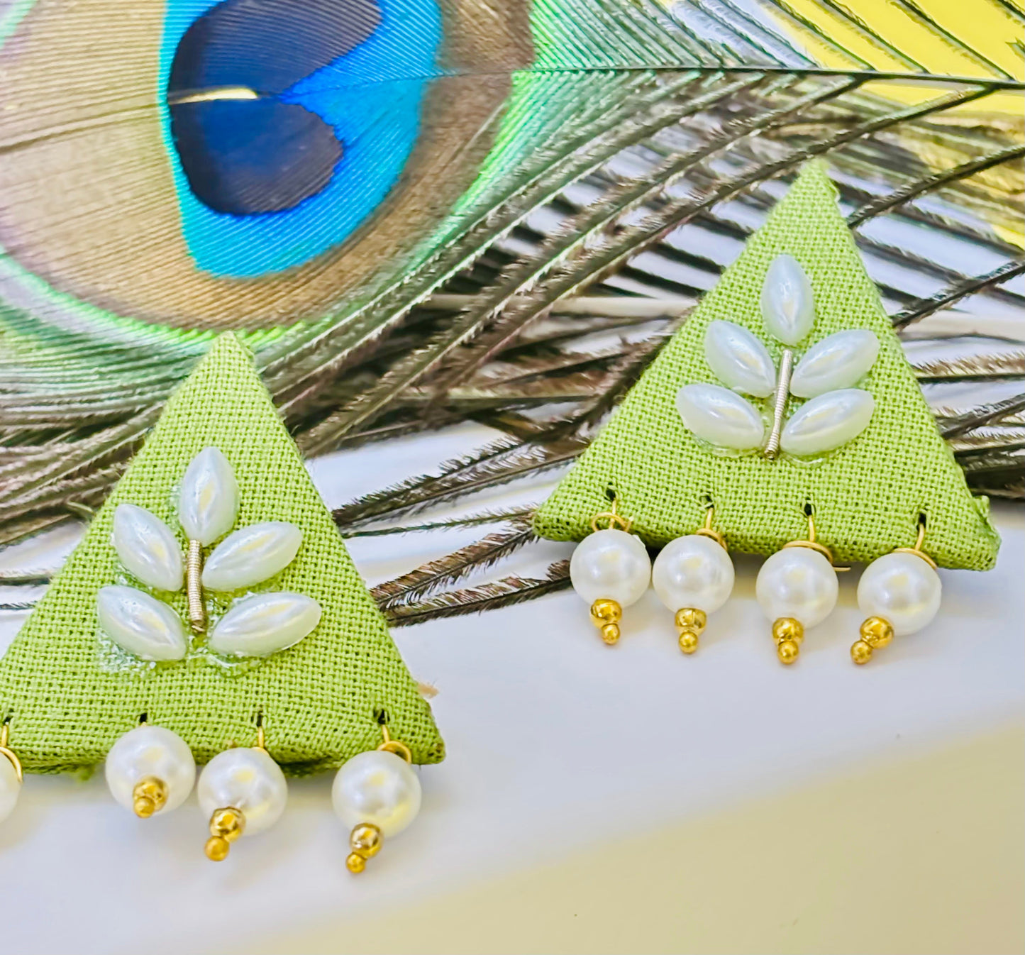 Triangle Earrings with Floral Motif & Pearl Drops